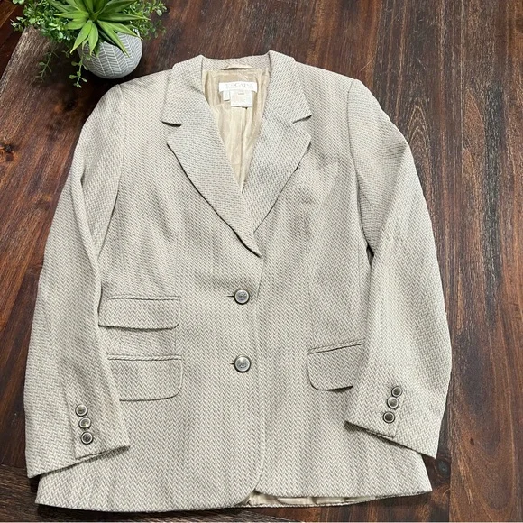 Escada Neutral Herringbone Blazer Cream Tan Margaretha Ley Vintage 36 2 button - Picture 1 of 15
